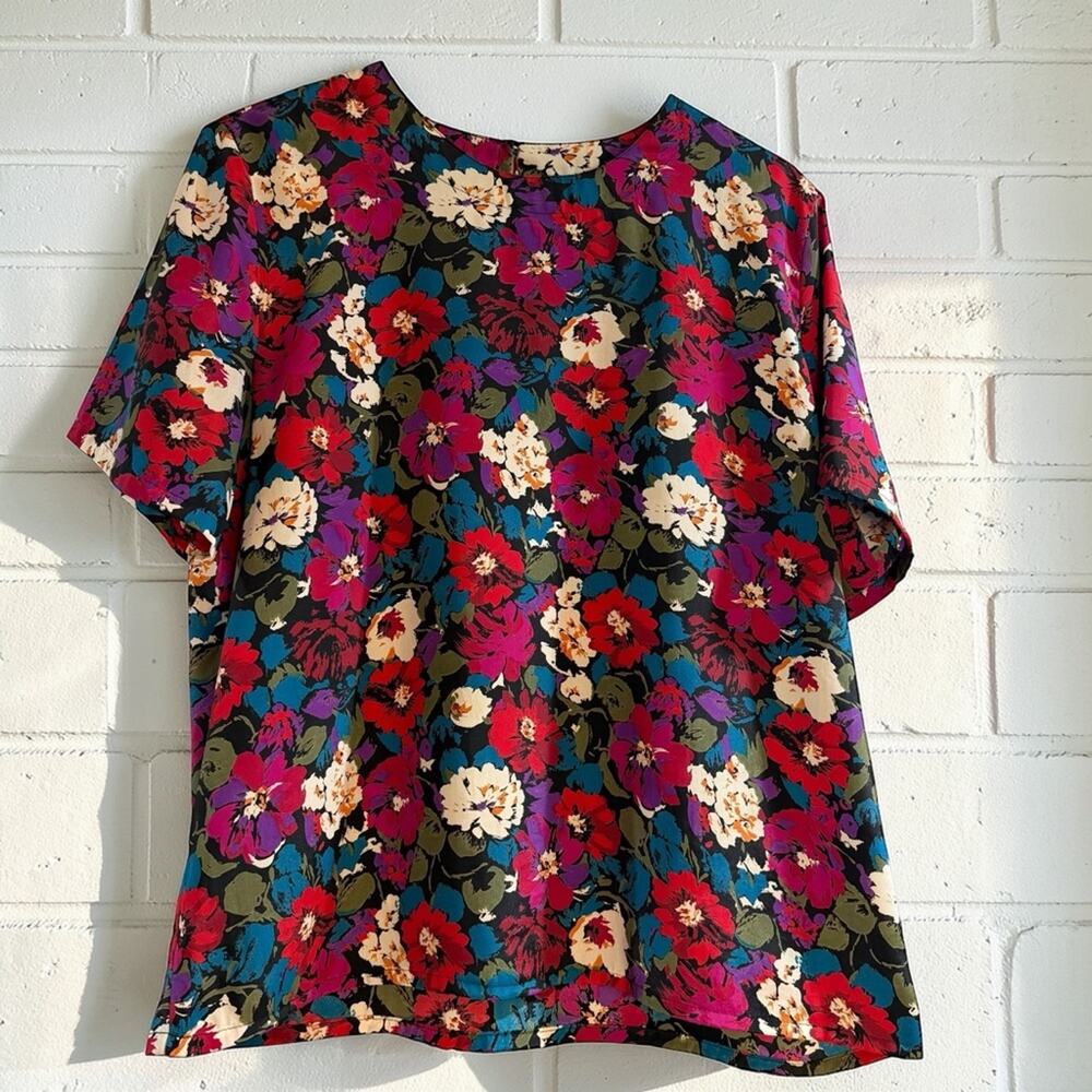 Nicola Floral Blouse Medium Multicolor Short Sleeve Keyhole Back Top
